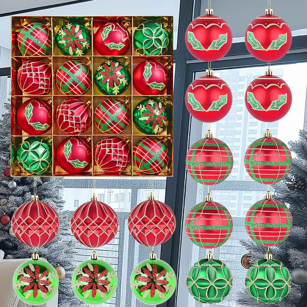 Kbndieu 16 Pcs Christmas Ornaments Ball 3.15" Multicolour Plastic Christmas Tree Decorations Set Shatterproof Hanging Ornaments for Christmas Tree Xmas Holiday Home Decor