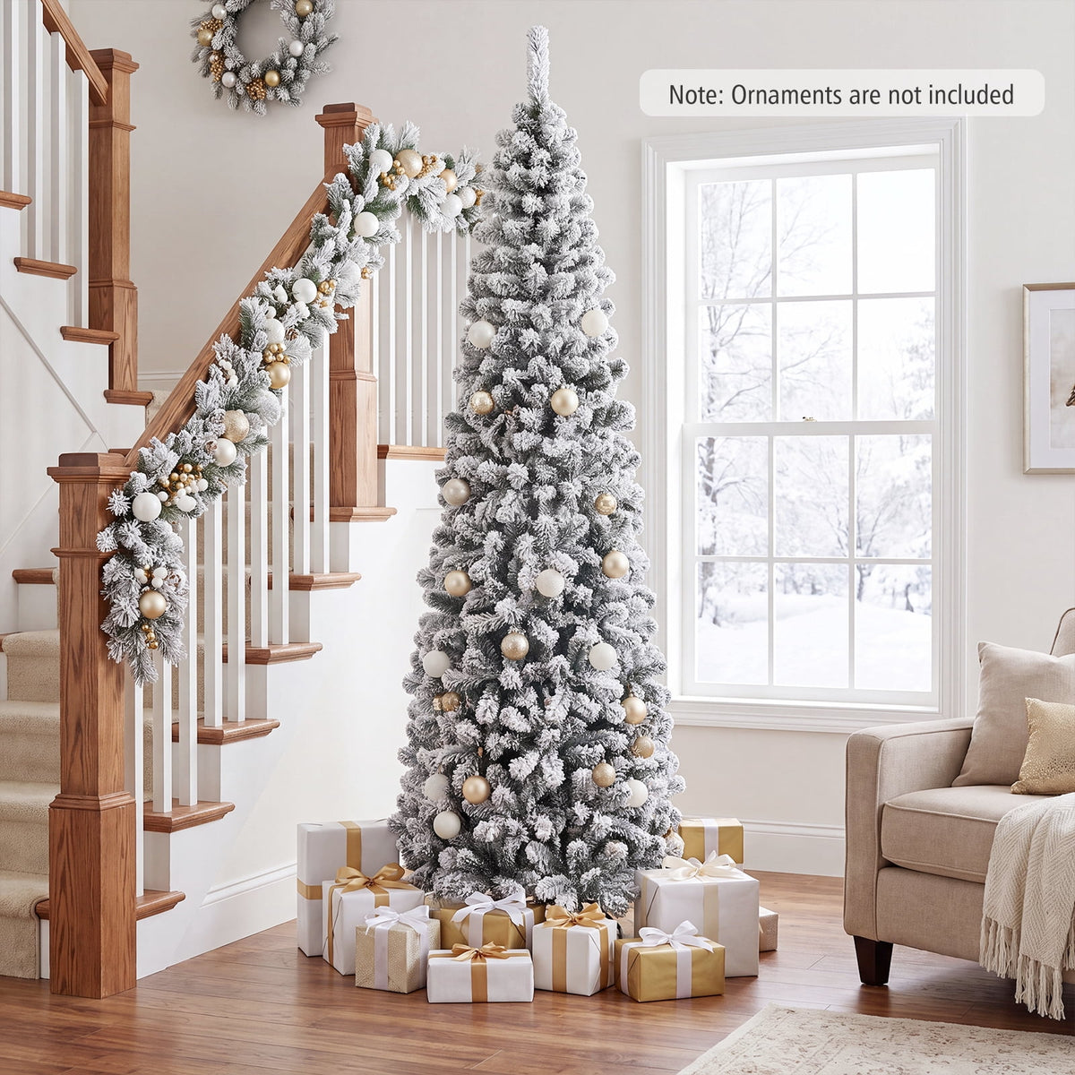 Costway 7.5 FT Unlit Flocked Pencil Christmas Tree Hinged with 641 Branch Tips