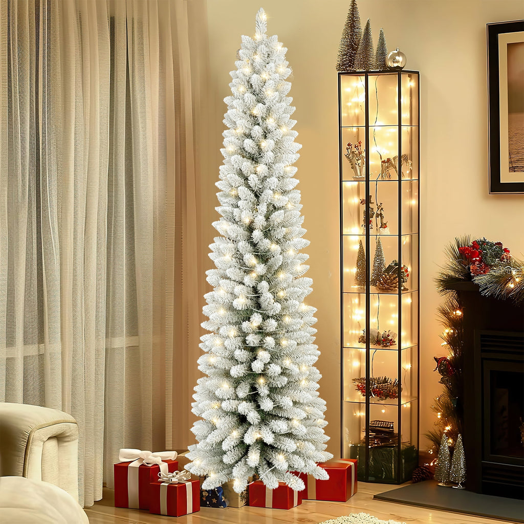 Makeatree 6 ft Pre-Lit Pencil Christmas Tree, Green Slim Skinny Spruce Xmas tree Holiday Decoration with 150 LED Lights, Metal Hinges & Foldable Base