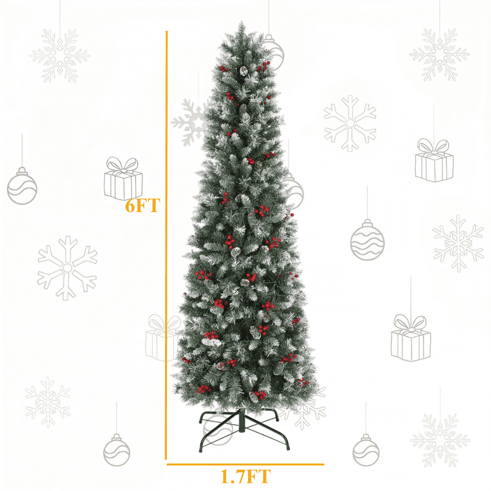 Legooin 6FT Pre-lit Christmas Tree Flocked Artificial Xmas Tree with 800 Branch Tips, 300 LED Lights, 51 Pinecones, for Christmas Holiday Decor, Green