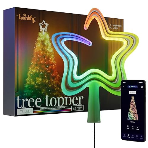 Twinkly Tree Topper, Bright Christmas Tree Topper, Star Topper with 76 Mappable RGB LEDs, USB Type C, Smart Multicolor LED Lights, Compatible with Alexa and Google Home, App Mappin