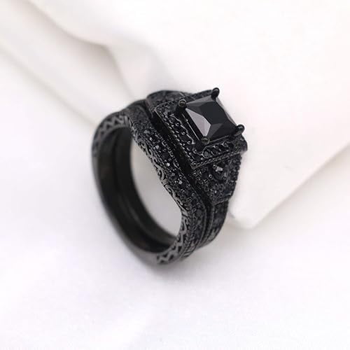 Rag Jewels 925 Sterling Silver 2.00 Ct Princess Cut Black Diamond Wedding Engagement Christmas Bridal Ring Set 14K Black Gold Plated For Women's -5