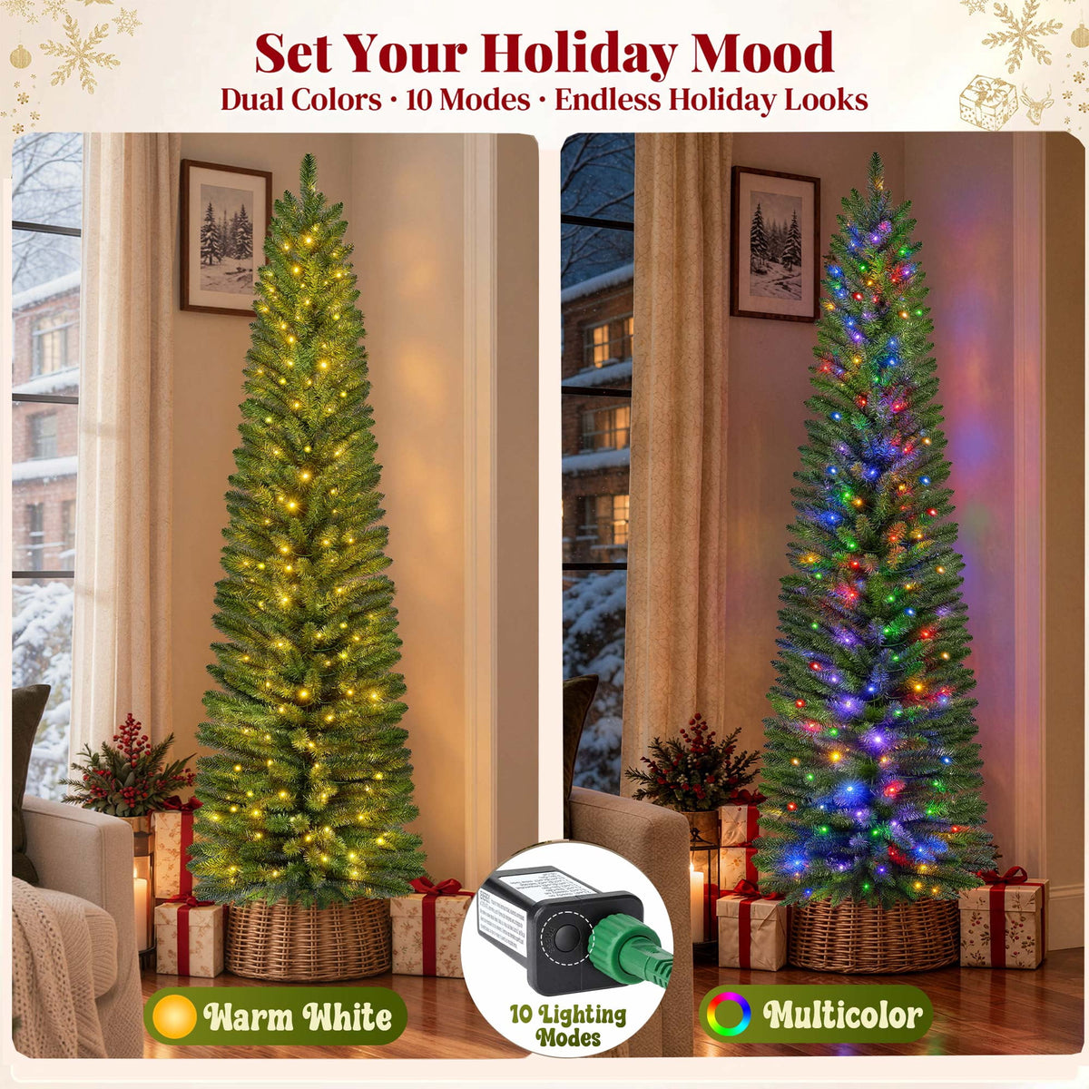 Goosiay Pre-Lit Pencil Artificial Christmas Tree, 6ft Xmas Tree with Metal Stand for Christmas Decoration, Green