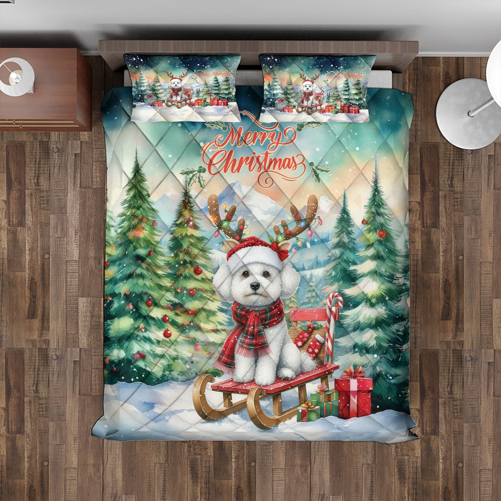 Merry Christmas Santa Reindeer Antlers French Bulldog Sleigh Xmas Winter Holiday Quilt Bedding Set Dog Lover Gifts 1 Blanket Bed Cover 2 Pillowcases - 00023