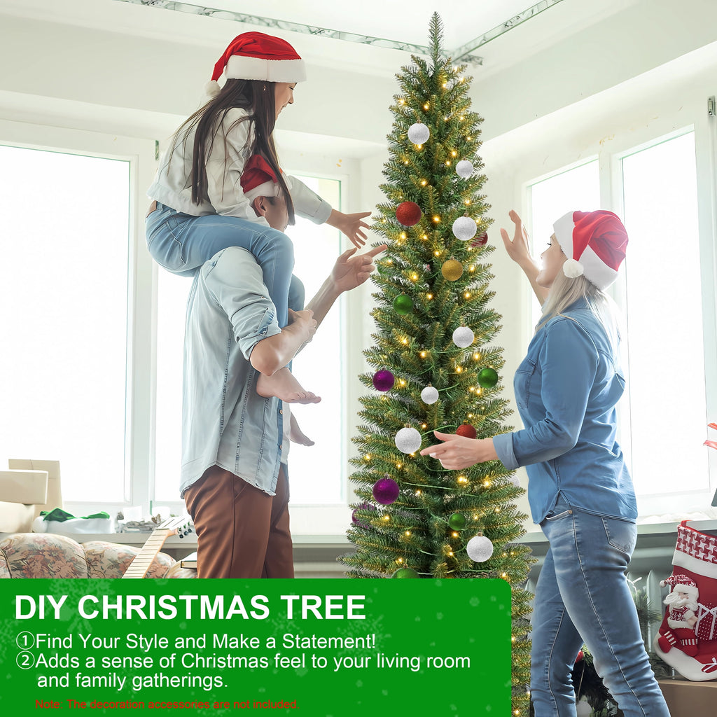 Bringstar 6FT Pre-Lit Pencil Christmas Tree,Green Artificial Xmas Trees, 150 LED Warm White Lights