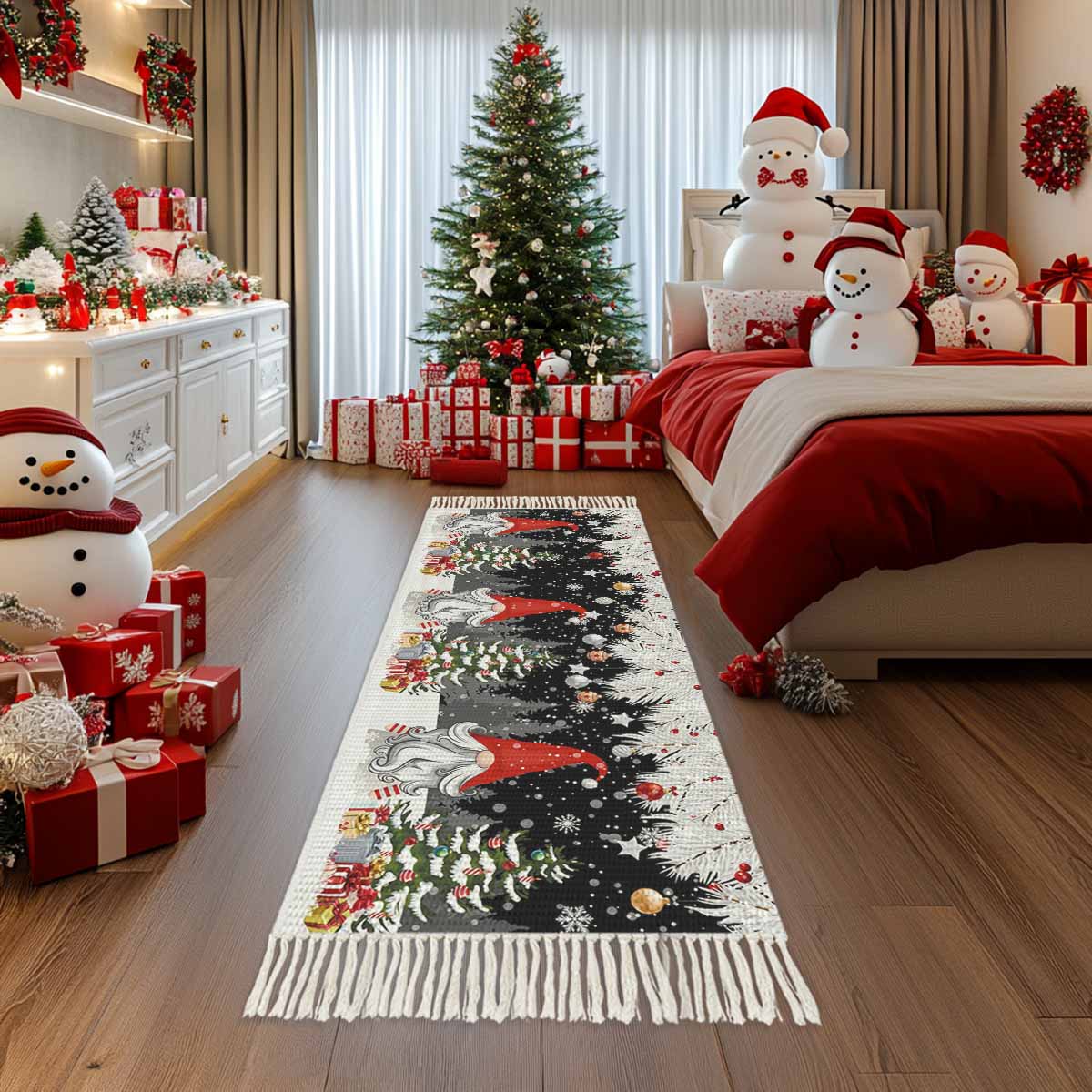 Grey Red Christmas Large Area Rug 4x6ft Woven Runner Rug,Snowflake Gnomes Xmas Tree Winter Gifts Living Room Bedroom Kitchen Bathroom Classroom Carpet with Tassels,Indoor Outdoor Throw Door Mat