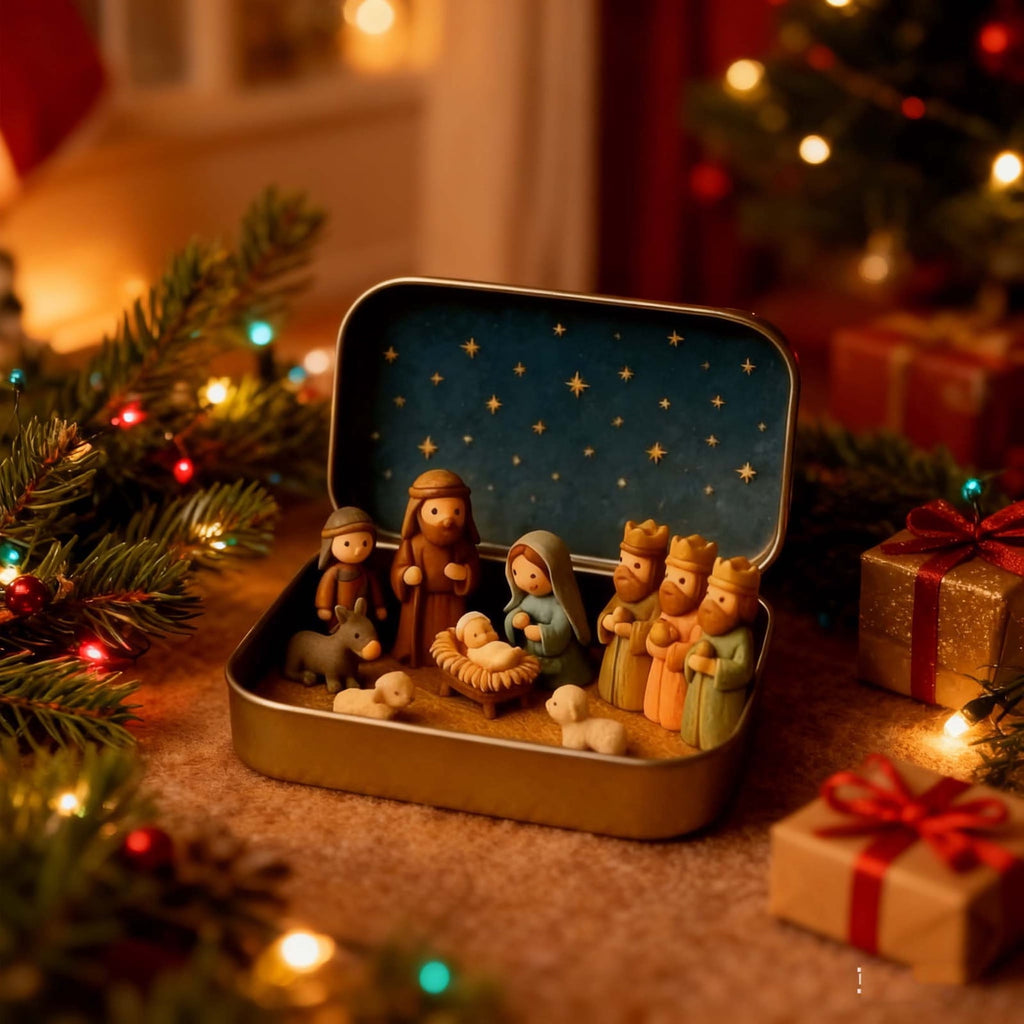 Mini Christmas Nativity Set In Tin Box Jesus Birth Scene Figurines Decoration for Tabletop Party Office Decor & Christian Holiday Gifts