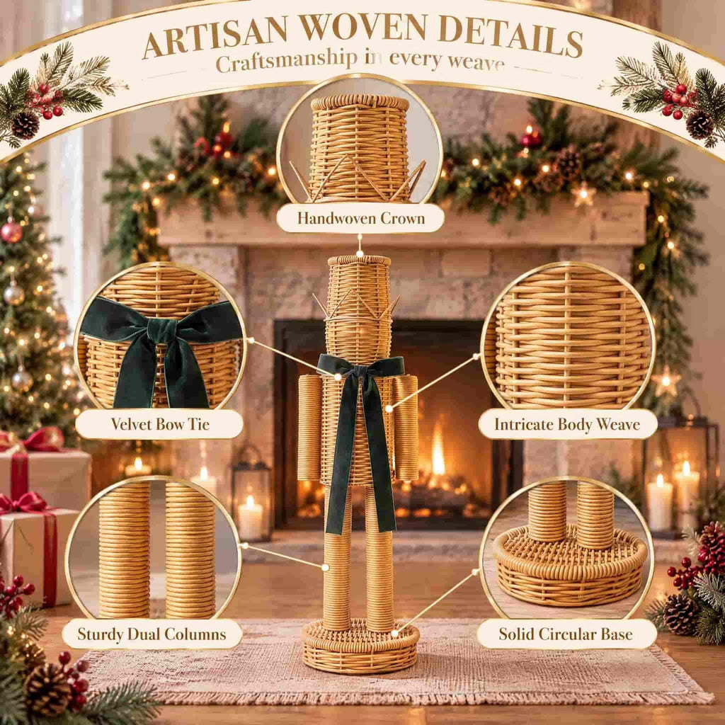 15.7 Inch Resin Nutcracker with Velvet Bow, Christmas Farmhouse Decor, Large Rattan Imitation Soldier Figurine for Floor Mantel Table Home,Rustic Winter Holiday Outdoor Decor,2PCS
