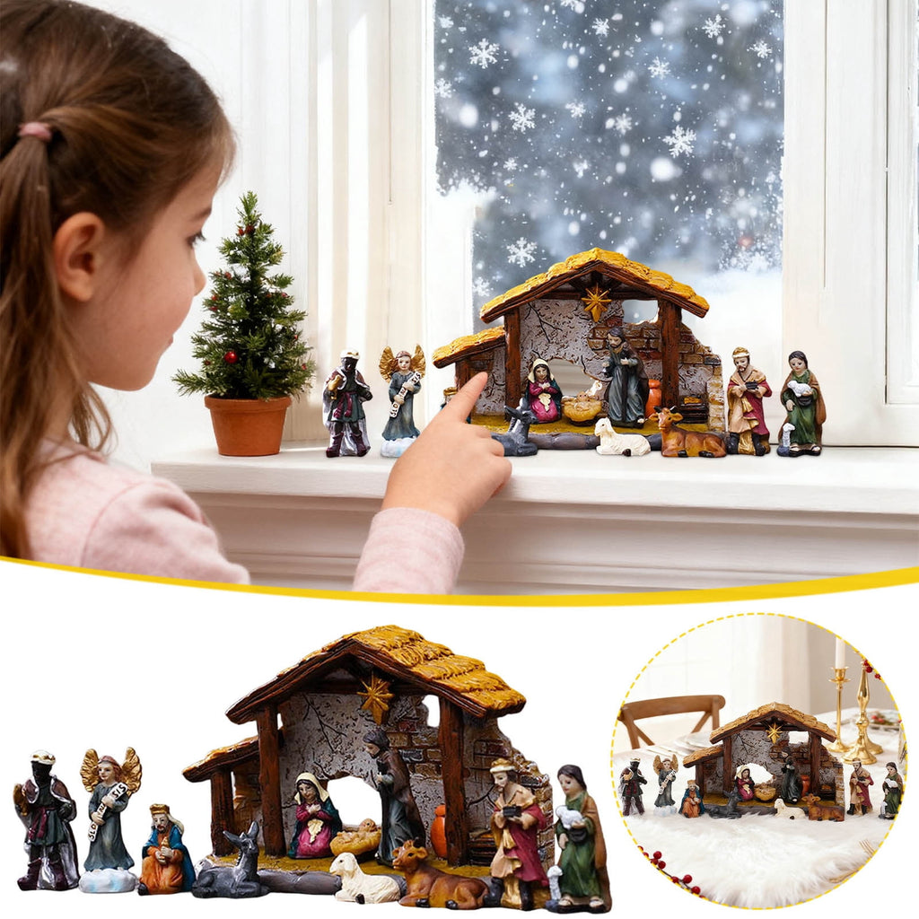 Nativity Set Christmas Indoor 16 Piece 2.36 inch Scene Statue Figurines Jesus Manger Crib Ornament Church Xmas Gift Home Decoration