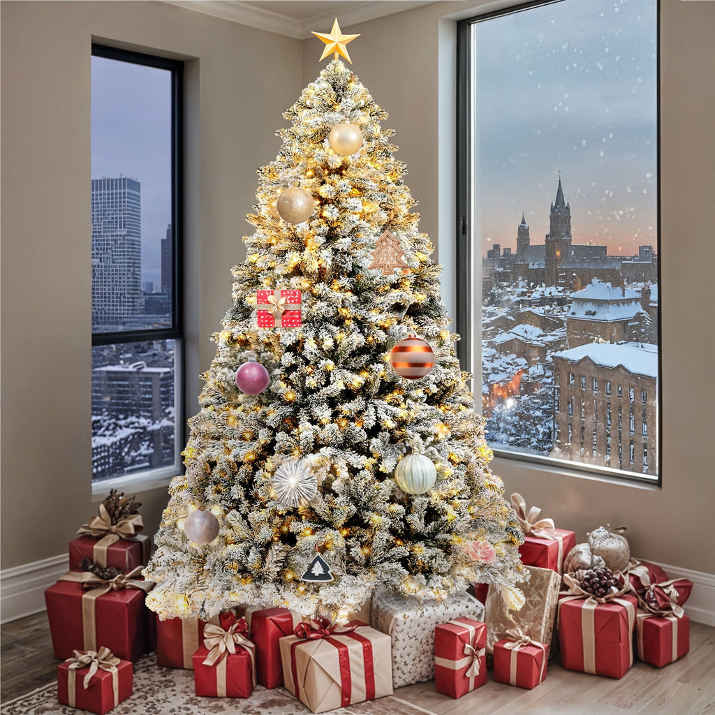 Uforic 6ft Pre-lit Snow Flocked Christmas Tree with 1000 Branch Tips & 250 Lights, Christmas Pine Tree with Remote, 11 Light Modes