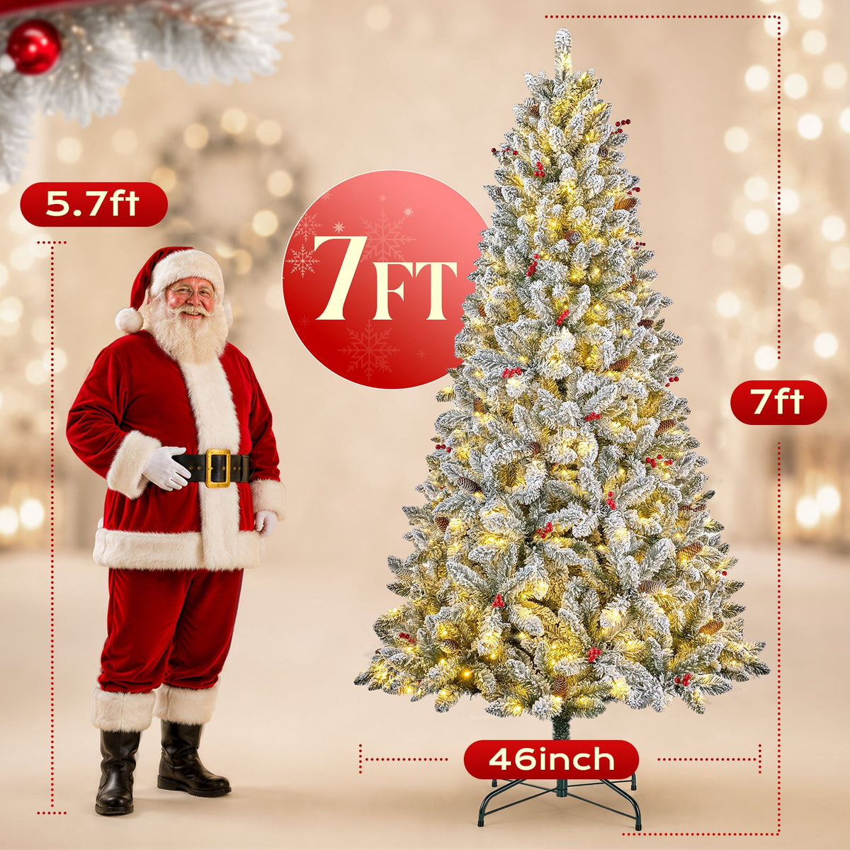 Goosiay Artificial Christmas Tree Pre-Lit Flocked Hinged with Red Berries & Pinecones, 350 Warm White & Multicolor LED Lights, 7 ft