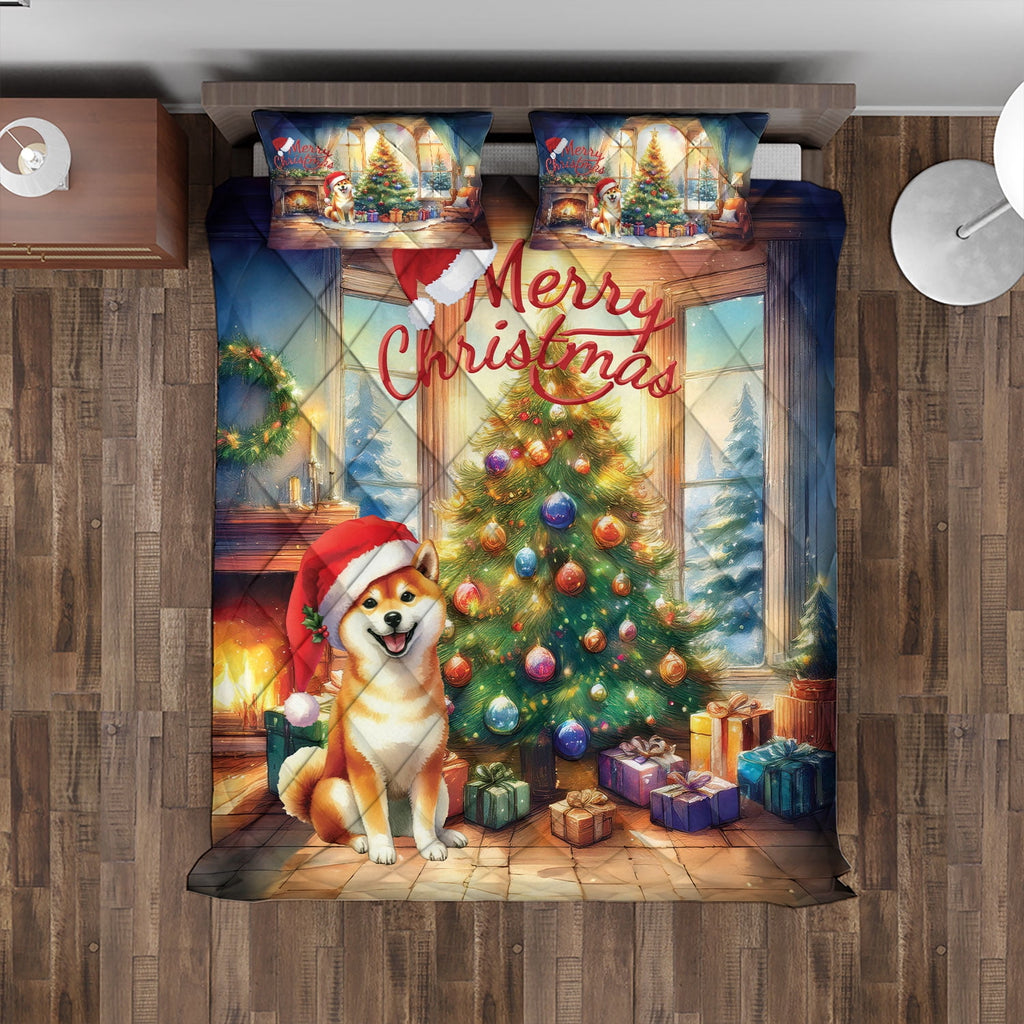 Merry Christmas French Bulldog Santa Hat Xmas Tree Winter Holiday Quilt Bedding Set Dog Lover Gifts 1 Blanket Bed Cover 2 Pillowcases - 01013