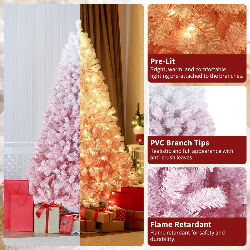 4.5/6/7.5/9/12 ft Artificial Christmas Tree with Warm White LED Lights, Pink Gradient Snow Frosted Xmas Tree for Holiday Decoration with 300 Realistic Branch Tips & Metal Stand