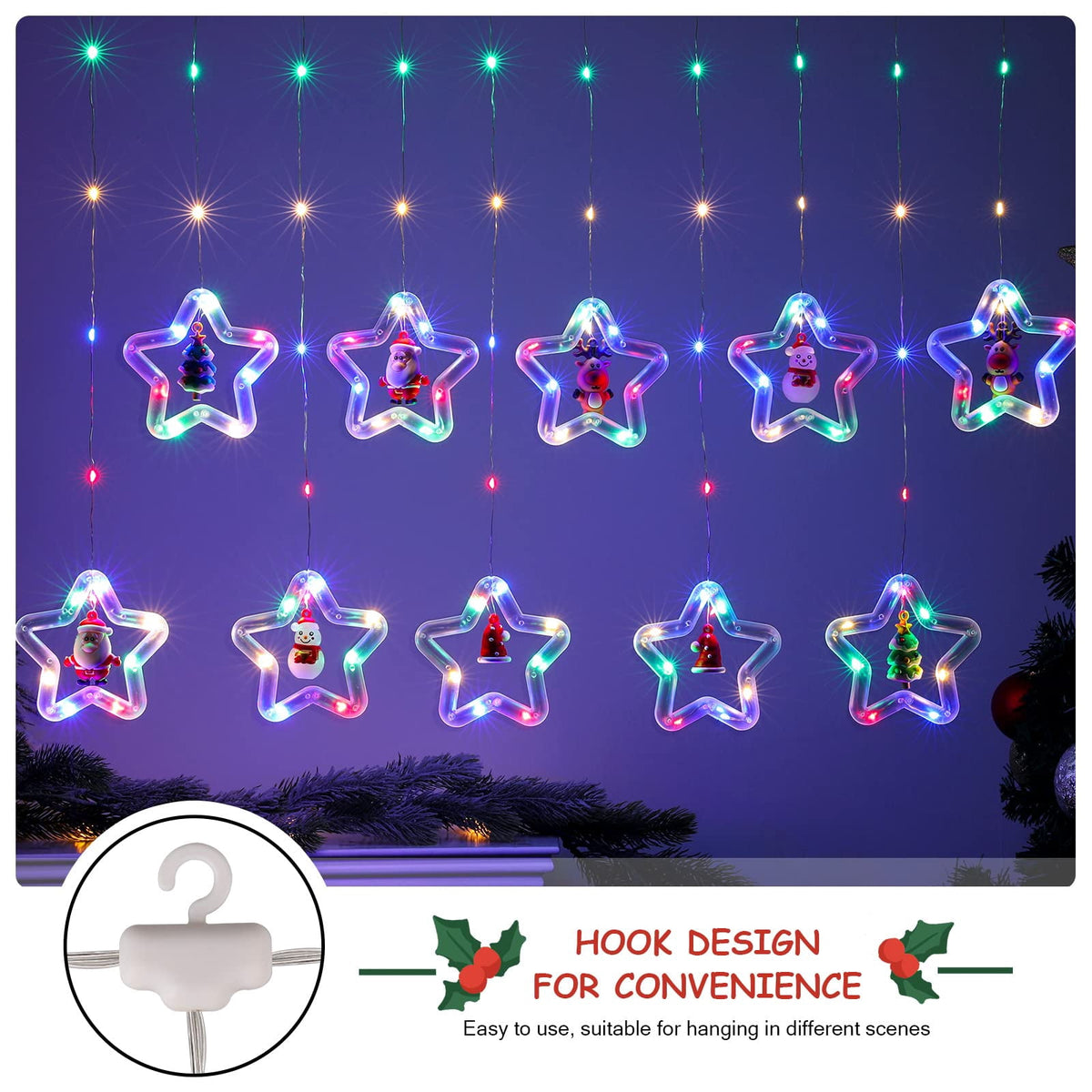 WILLED Christmas String Lights, 120 LED Window Curtain Lights with Christmas Ornaments, 9.8ft USB Powered Warm White Waterproof Fairy Lights Indoor Outdoor for Xmas Tree Patio Garden Party Home Decor
