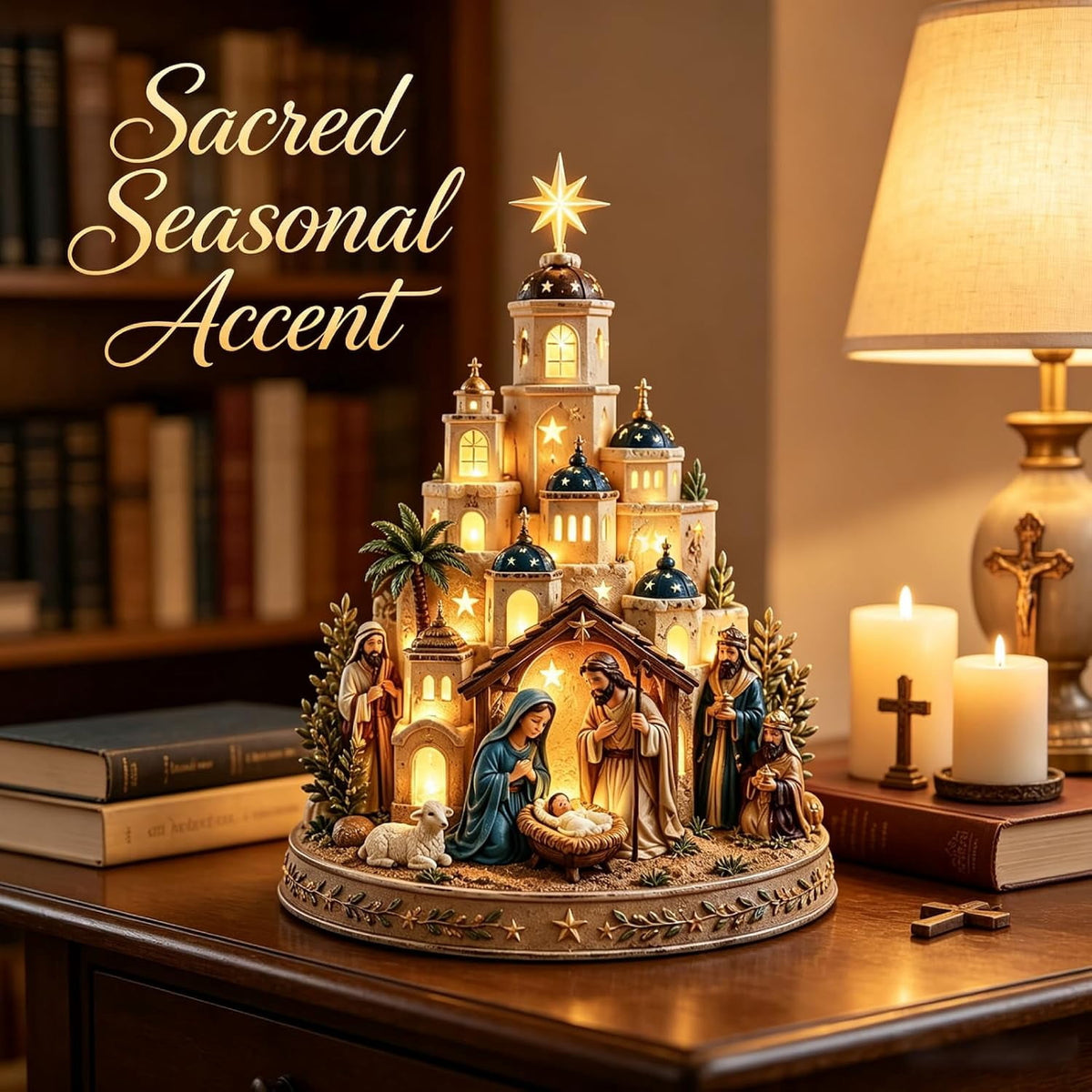 Bethlehem Nativity Church Light Tower, Lighted Nativity Scene Tabletop, Lighted Village Decoration with Star Accent Scene for Tabletop Home Display