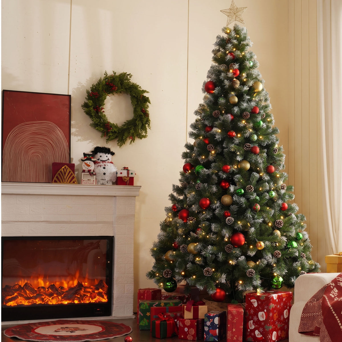 Yexmas 6ft Pre-Lit Christmas Tree with Tree Topper, 8 Modes LED Lights, Artificial Xmas Tree with Large Storage Bag