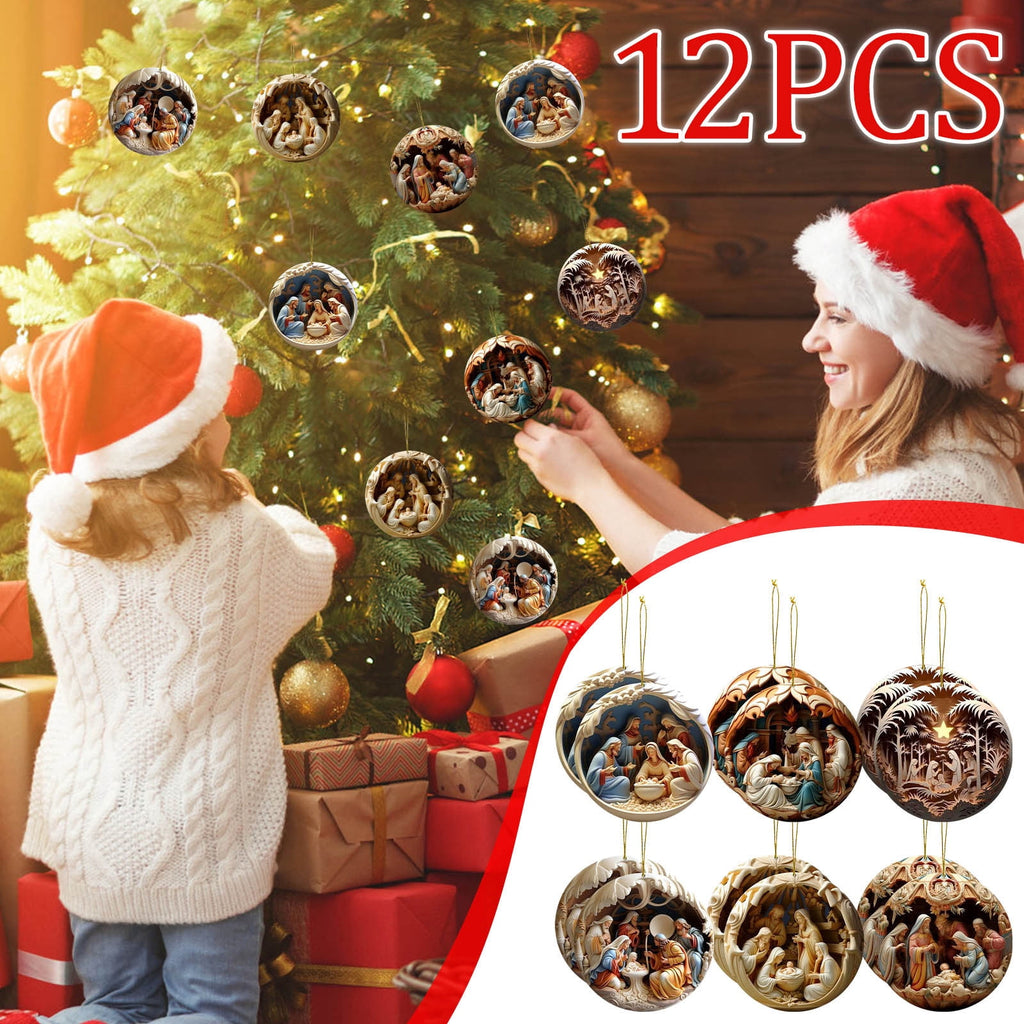 Wooden Christmas Ornaments, Nativity Scene Decorations, 12-Piece Handcrafted Wooden Nativity Ornament Set, Traditional Christmas Tree and Home Decor