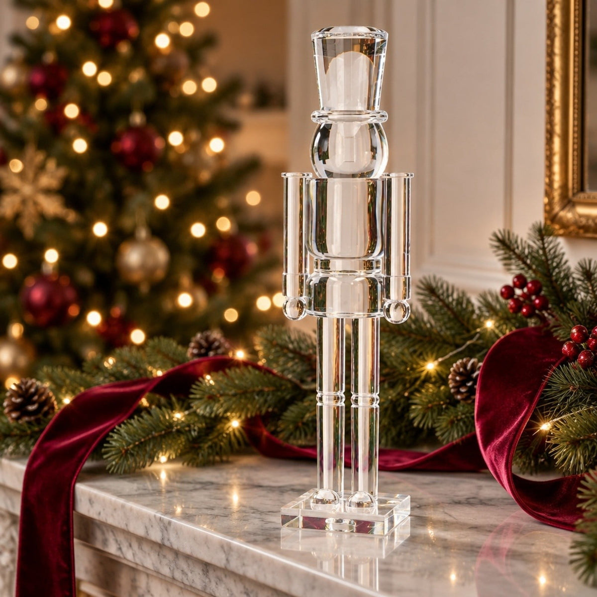 Awaswae Christmas Soldier Figurine, 14.57 x 3.94 Inch Transparent Acrylic Holiday Statue, Modern Nutcracker Style Decor for Mantel, Shelf, Tabletop and Christmas Home Display