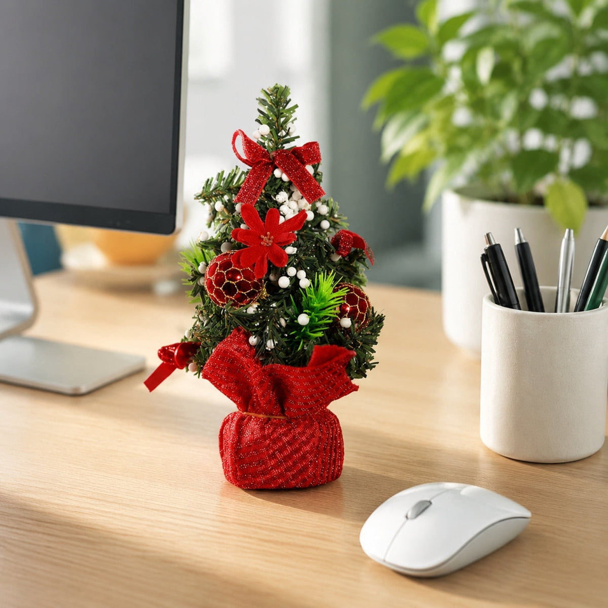 Surpdew Mini Christmas Tree Table Top Decorations- 9" Artificial Small Pine Trees with Burlap Base on Desktop, Shelves, Bedroom, Miniature Scenes Xmas for Home, Office, Party Decor