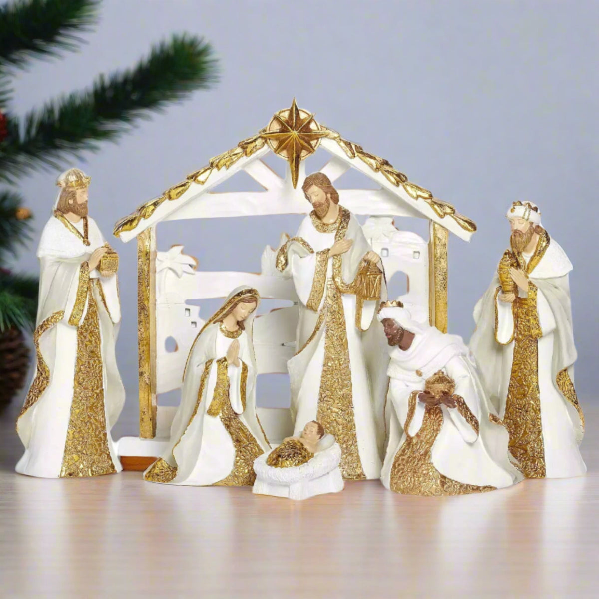 Roman Nativity Scene, Set of 7, White with Gold Pattern, 11-inch Height, Resin