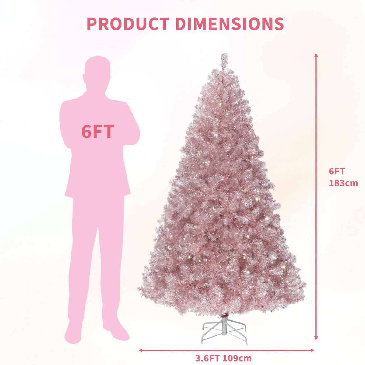 6ft Prelit Snow Flocked Pencil Christmas Tree with 250 Warm White Lights & Foldable Base - Rose Gold Tinsel Holiday Decoration for Home & Office