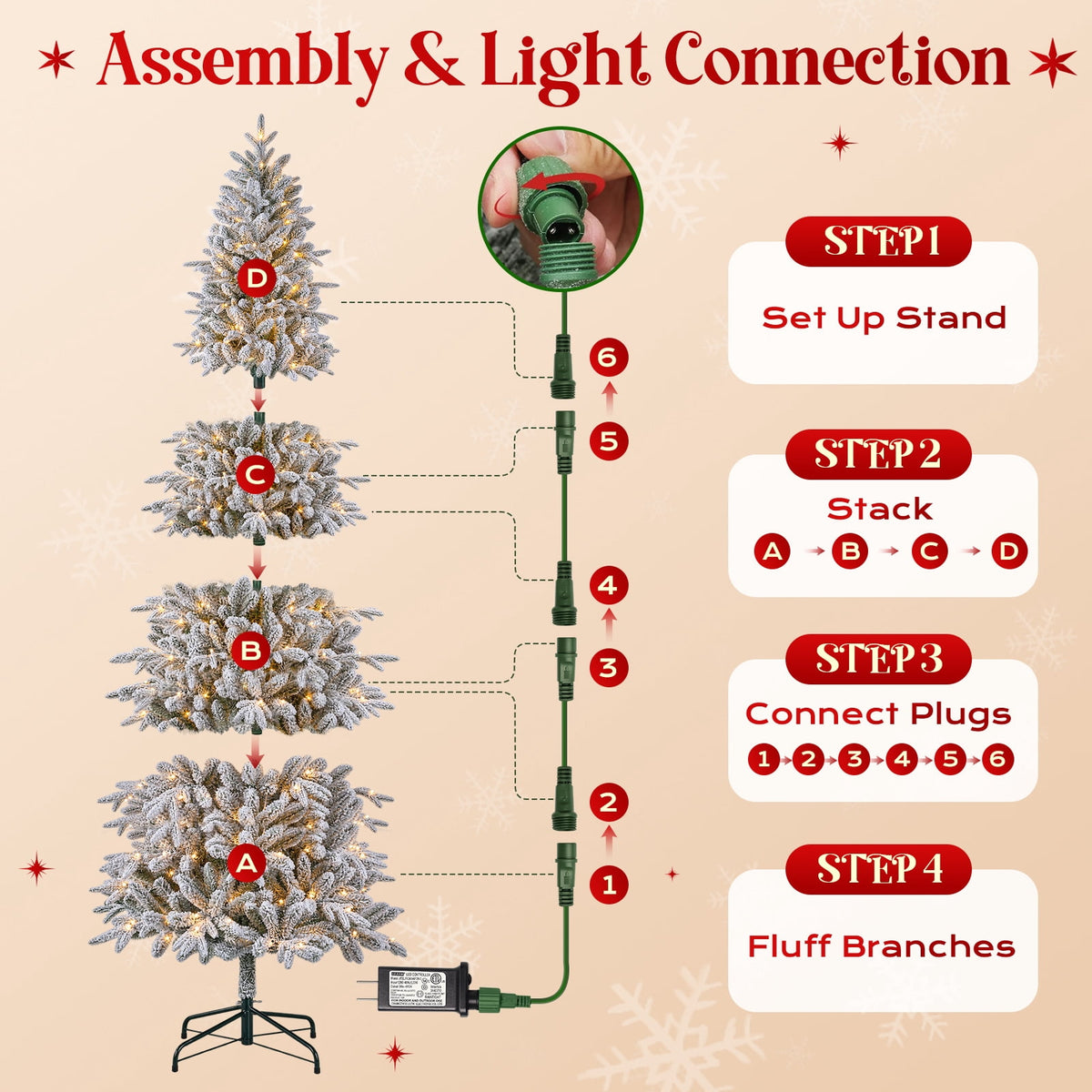 Goosiay 7FT Pre-Lit Flocked Fir Christmas Tree, 1060 PE & PVC Tips, 300 Warm White LED Lights, Snowy Hinged Artificial Christmas Tree for Living Room & Holiday Decor