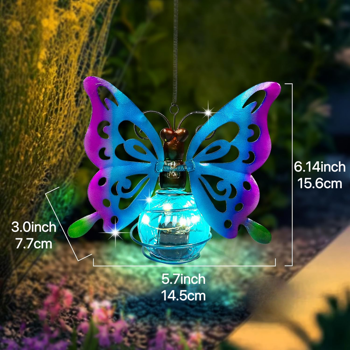 2 Pack Solar Butterfly Hanging Lantern Waterproof LED Outdoor Decor Light for Patio Garden Yard Pathway Balcony Porch Backyard