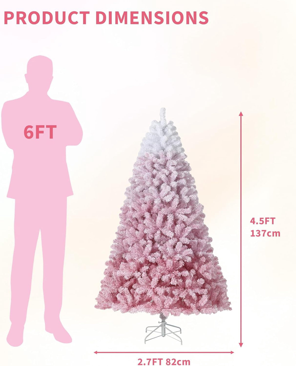 4.5/6/7.5/9/12 ft Artificial Christmas Tree with Warm White LED Lights, Pink Gradient Snow Frosted Xmas Tree for Holiday Decoration with 300 Realistic Branch Tips & Metal Stand