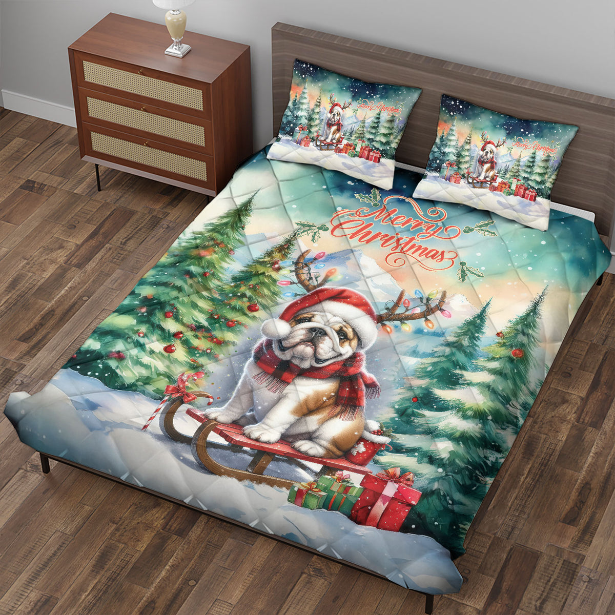 Merry Christmas Santa Reindeer Antlers French Bulldog Sleigh Xmas Winter Holiday Quilt Bedding Set Dog Lover Gifts 1 Blanket Bed Cover 2 Pillowcases - 00023