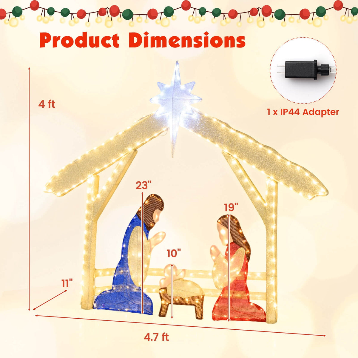Costway 4 Ft Lighted Nativity Scene with 272 Warm & Cold White LED Lights, Ground Stakes