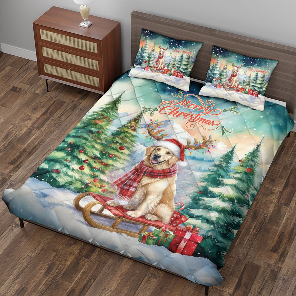 Merry Christmas Santa Reindeer Antlers French Bulldog Sleigh Xmas Winter Holiday Quilt Bedding Set Dog Lover Gifts 1 Blanket Bed Cover 2 Pillowcases - 00023