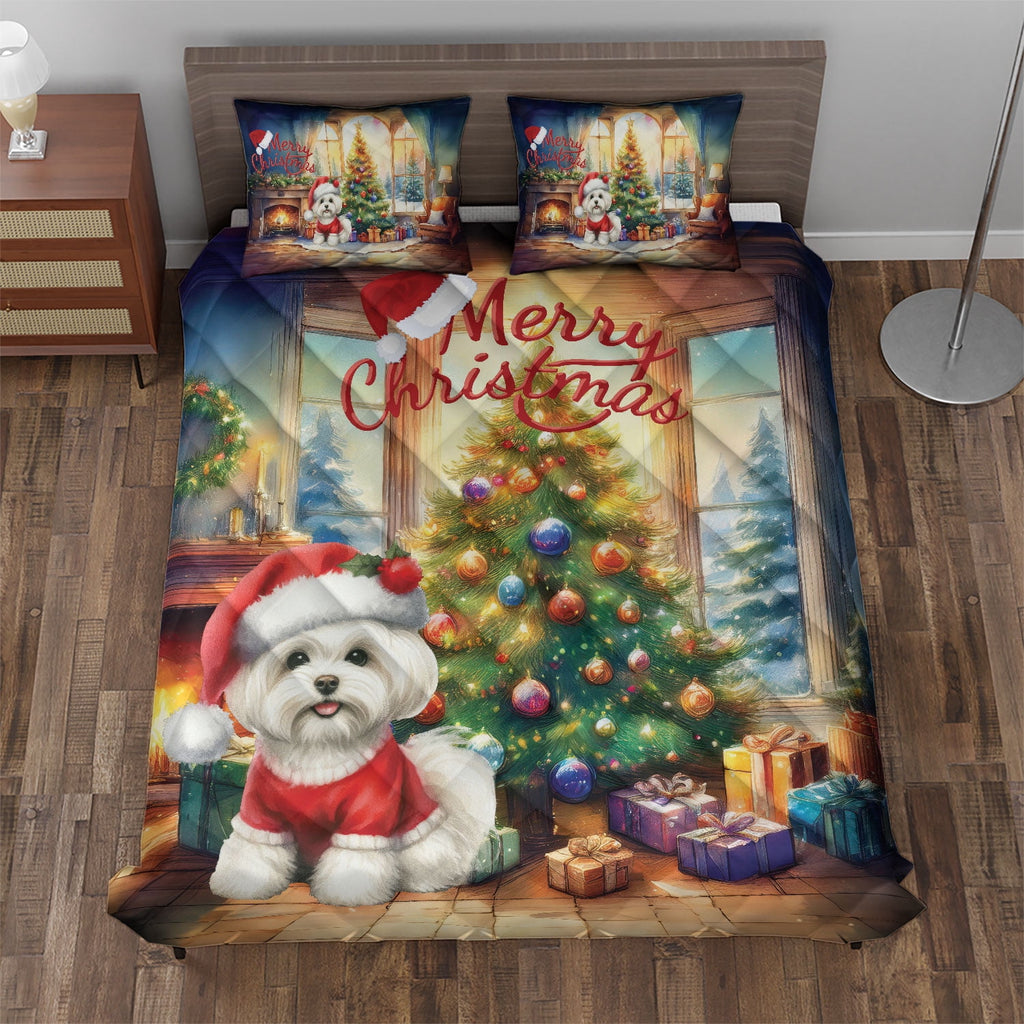 Merry Christmas French Bulldog Santa Hat Xmas Tree Winter Holiday Quilt Bedding Set Dog Lover Gifts 1 Blanket Bed Cover 2 Pillowcases - 01013