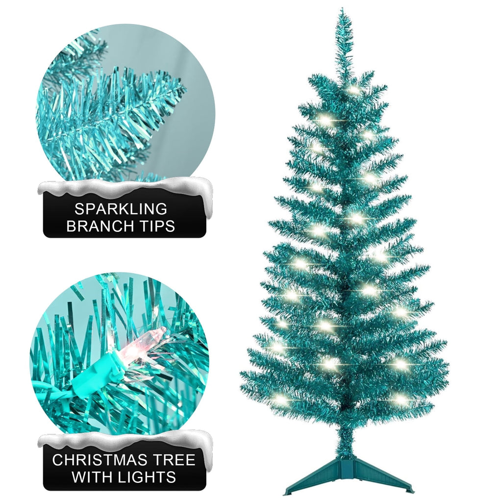 Bringstar 4FT Silver Artificial Christmas Tree with 50 String Lights, Mini Tinsel Tree, Not Pre-Lit, for Halloween & Holiday Home & Office Décor