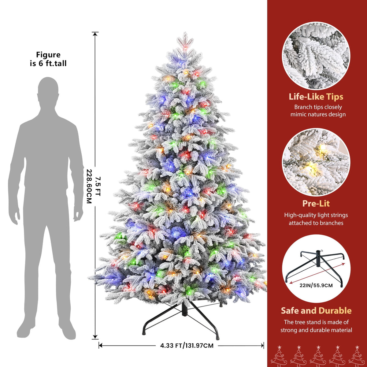 Lolsea 7ft Prelit Flocked Modern Luxury Cedar Christmas Tree with Realistic PE Foliage, Warm White & Multi-Color Lights and Remote Control