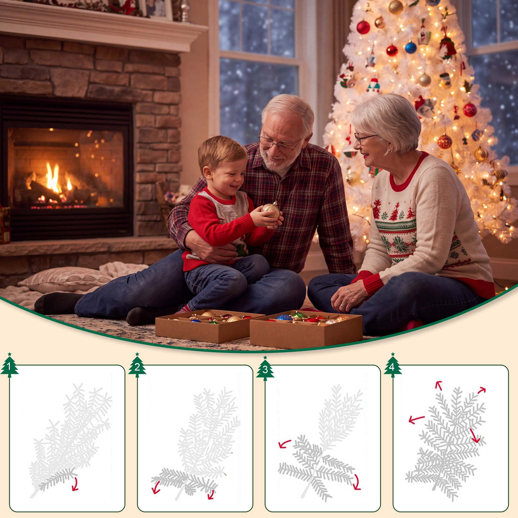 Yexmas Pre-Lit Artificial Christmas Tree,6ft White Christmas Tree with 300 Warm White & Multicolor Lights,Xmas Tree for Home, Holiday Party Decorations