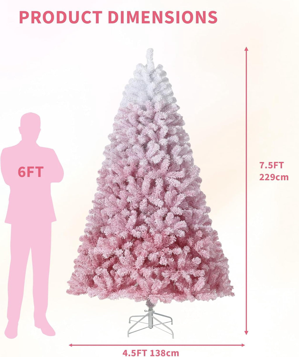 4.5/6/7.5/9/12 ft Artificial Christmas Tree with Warm White LED Lights, Pink Gradient Snow Frosted Xmas Tree for Holiday Decoration with 300 Realistic Branch Tips & Metal Stand
