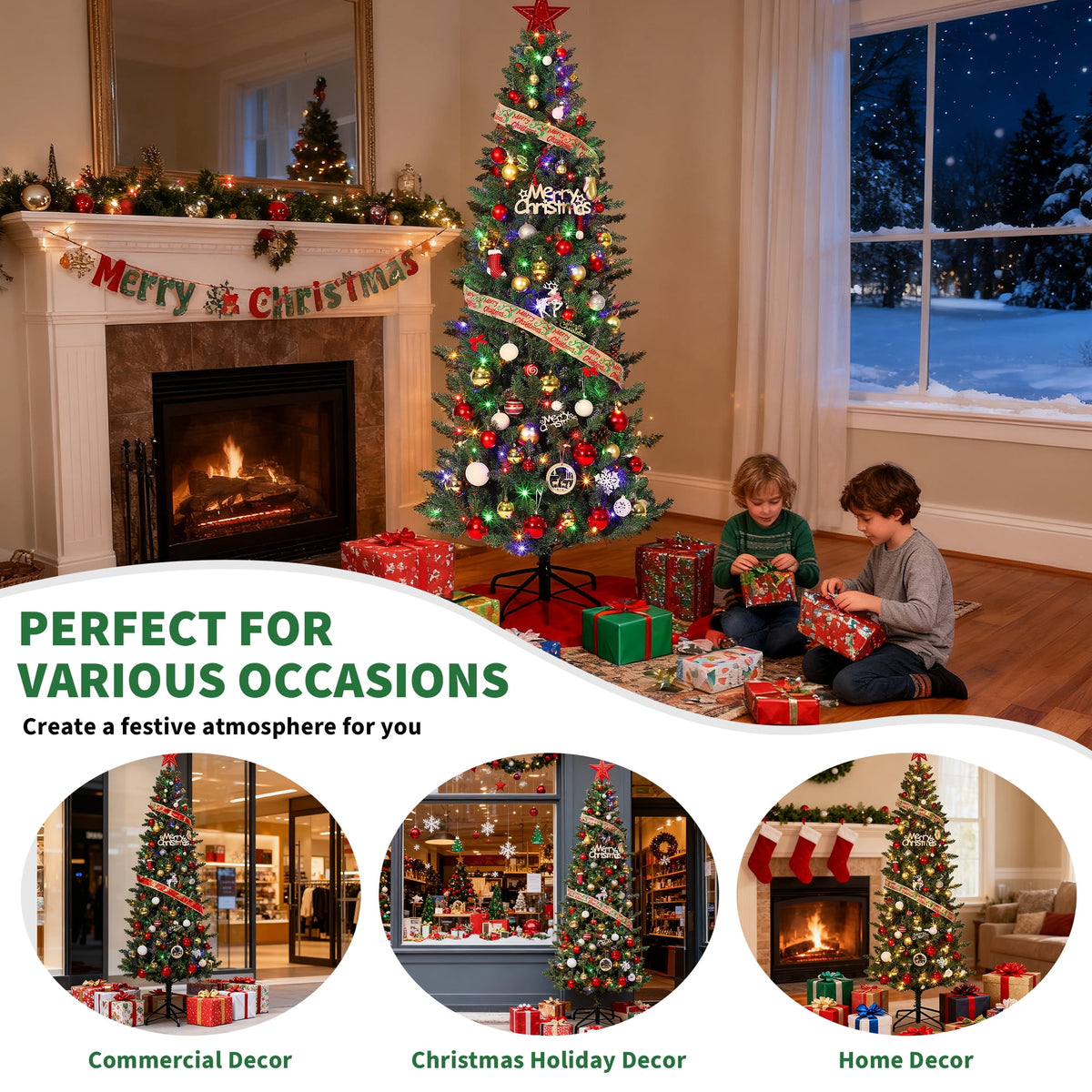 6ft/7.5ft/9ft Pencil Christmas Tree with LED Lights & Metal Stand, Pre-Lit Slim Artificial Holiday Trees,Christmas Decorations for Office,Home,Holiday