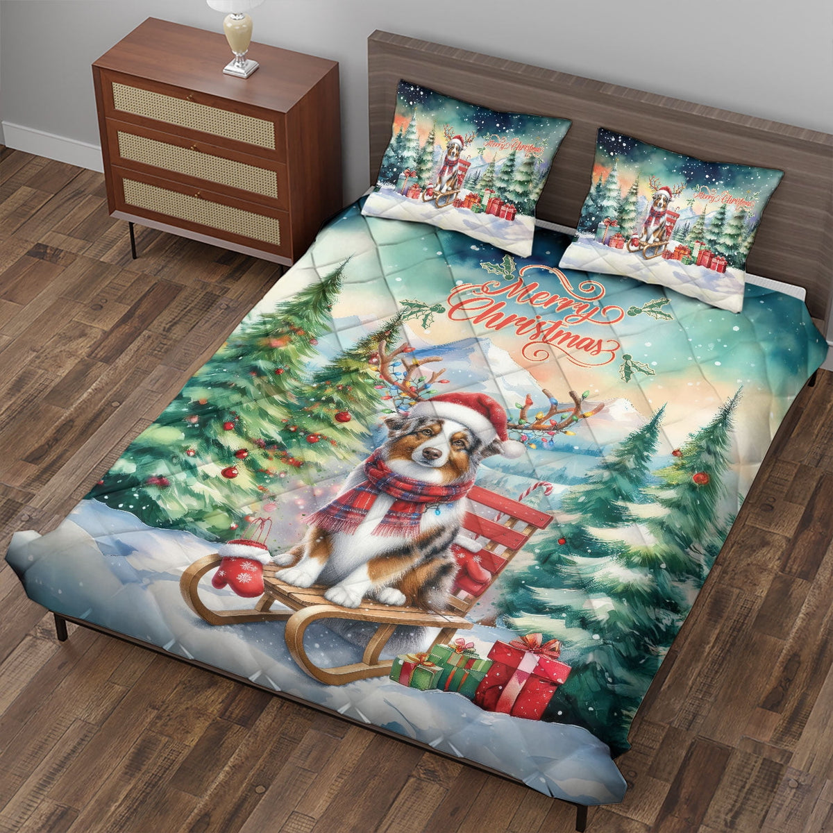 Merry Christmas Santa Reindeer Antlers French Bulldog Sleigh Xmas Winter Holiday Quilt Bedding Set Dog Lover Gifts 1 Blanket Bed Cover 2 Pillowcases - 00023