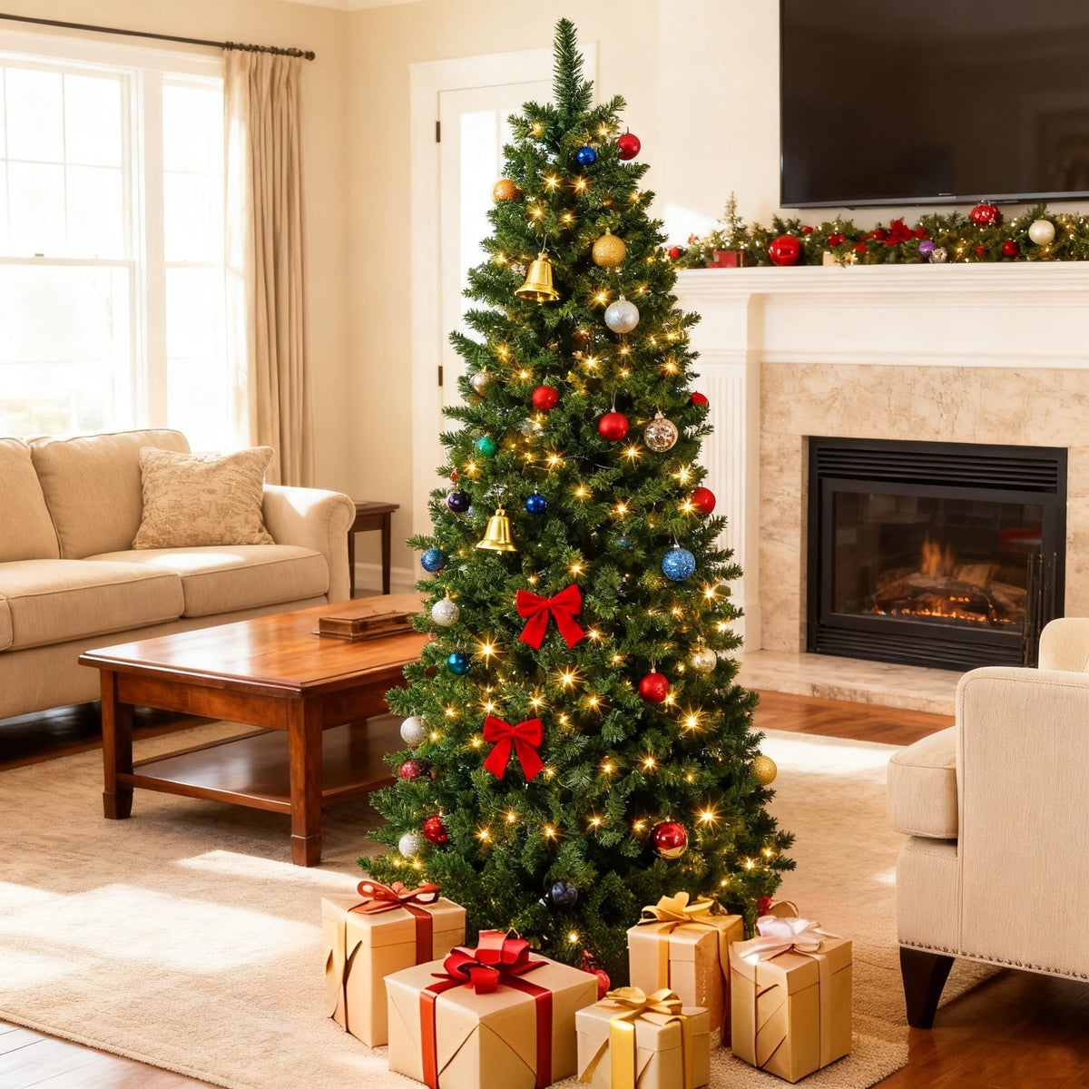 9ft Pre-Lit Slim Artificial Christmas Tree, Hinged Xmas Tree with Hinged Structure & Metal Stand for Home, Shops and Holiday Decoration