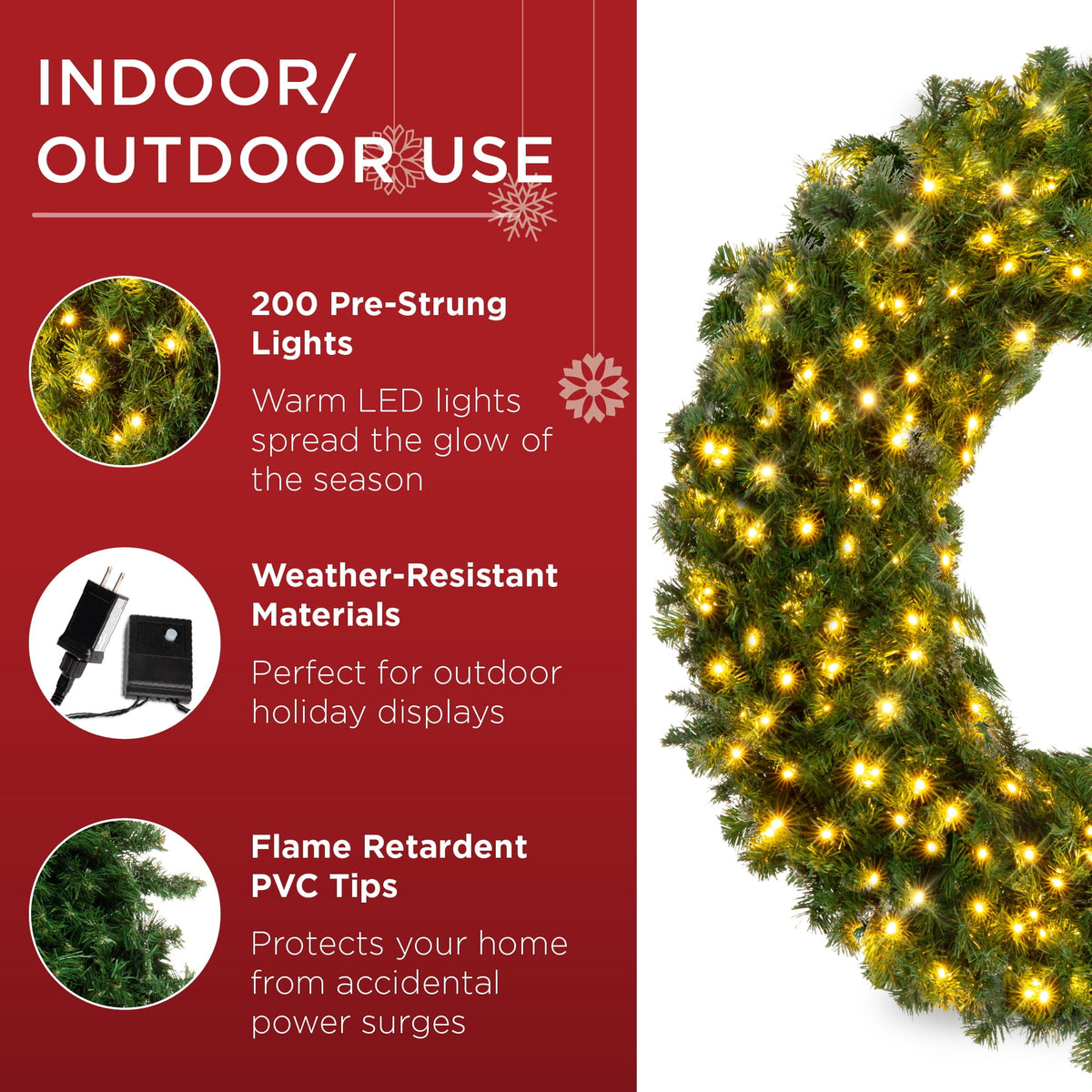 Best Choice Products 48in Artificial Pre-Lit Fir Christmas Wreath Decoration w/ 250 LED Lights, 714 Tips, Power Plug-In