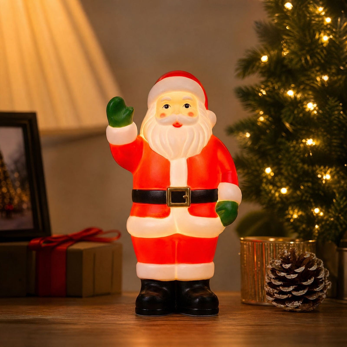 Luckky Lighted Christmas Dog Resin Statue, Santa Hat and Scarf Dog Figurine, 7.87 Inch, Multi-Color LED Lights, Indoor Outdoor Holiday Decor