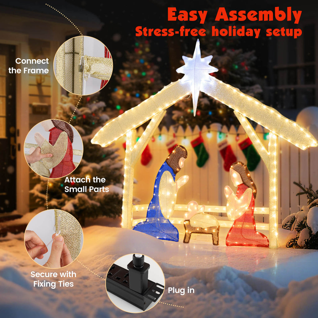 Costway 4 Ft Lighted Nativity Scene with 272 Warm & Cold White LED Lights, Ground Stakes