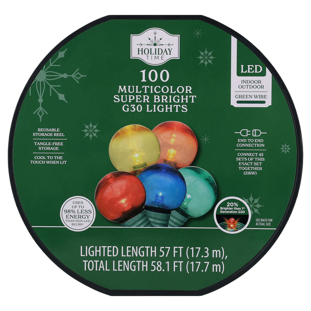 Indoor/Outdoor 100-Count LED Super Bright G30 Christmas String Lights, Warm White, Green Wire, 57', by Holiday Time