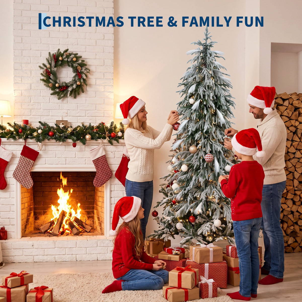 6 ft Flocked Slim Pencil Christmas Tree with LEDs, Pre-Lit Artificial Xmas Tree, 355 Branch Tips, 200 Warm Lights, Metal Base, Green PE for Home Office Holiday Decor
