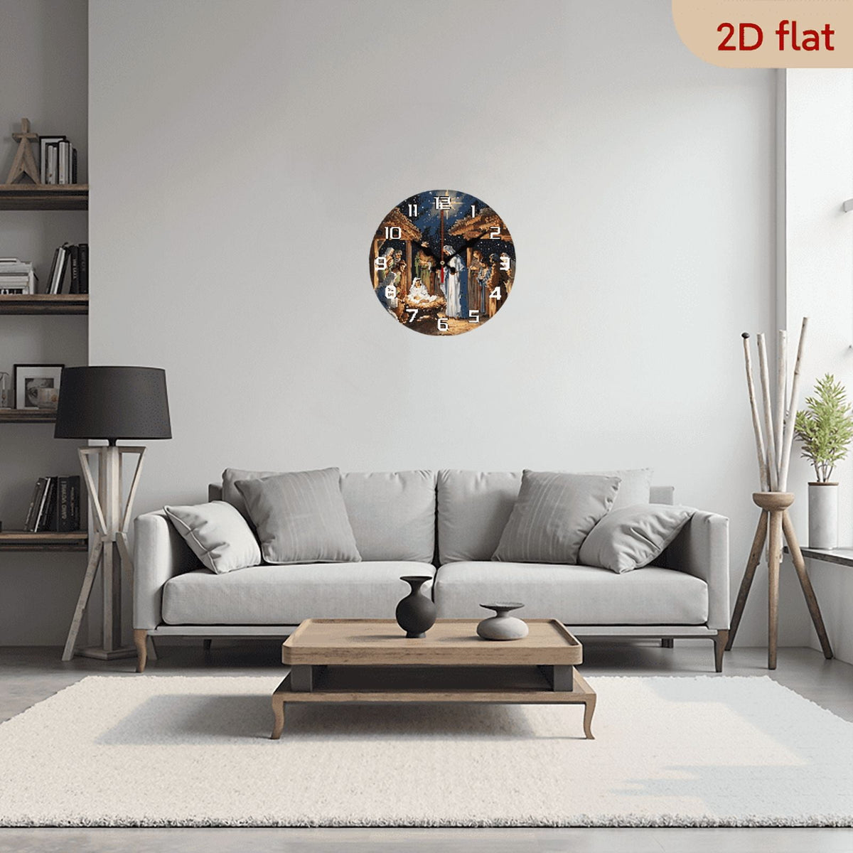 2D Flat 1pc 10Inch Wooden Wall Clock with Religious Nativity Scene Design Silent, Battery Operated (AA Not Included) Ideal for Home, Church, Office Decor Handcrafted Artistic Birthday Gift