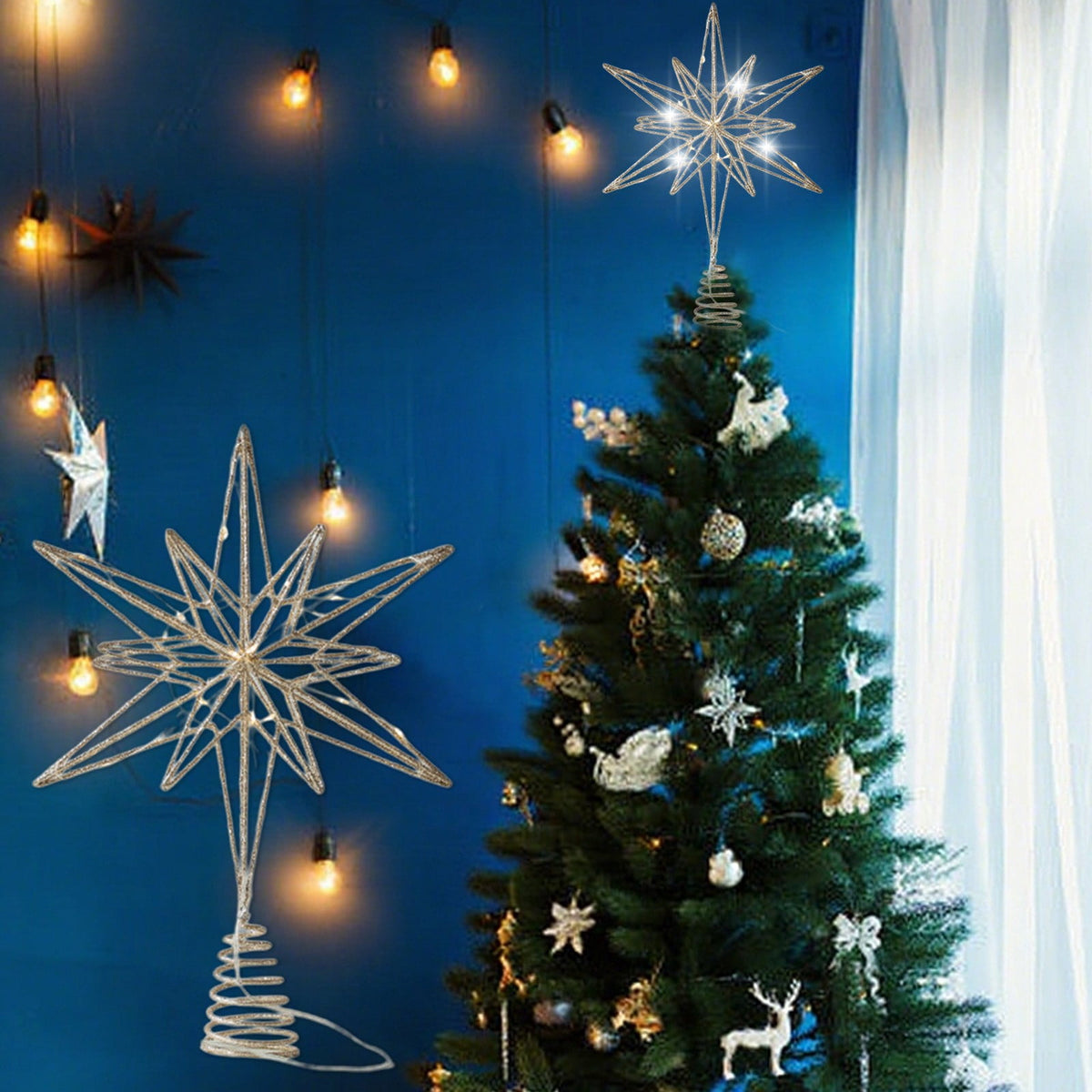 AuroraX Gold Room Lights Glitter Fall Stars Led Christmas Tree Topper Indoor Home Christmas Room Bedroom Decor