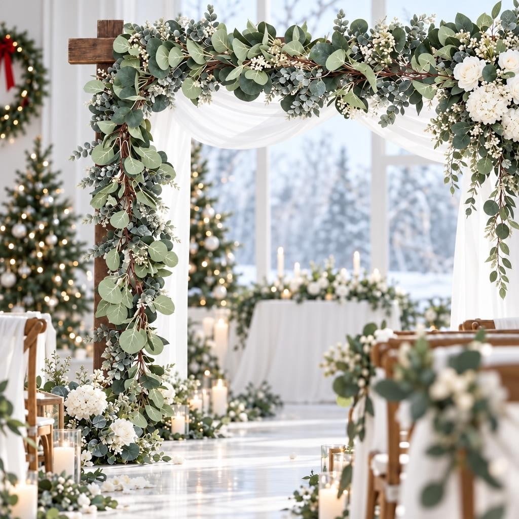Scidweet Christmas Eucalyptus Garland, 2 Pcs 6.56 FT Artificial Greenery Garland Silver Dollar Leaves Boxwood Vines with White Buds for Home Wedding Party Table Mantle Xmas Decor