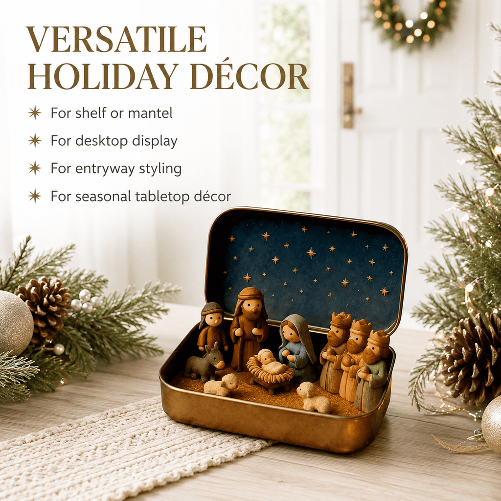Christmas Nativity Scene in a Tin Mini Manger Scene Portable Tin Box Tabletop Decor for Mantel Shelf Fireplace Desk Holiday Decoration