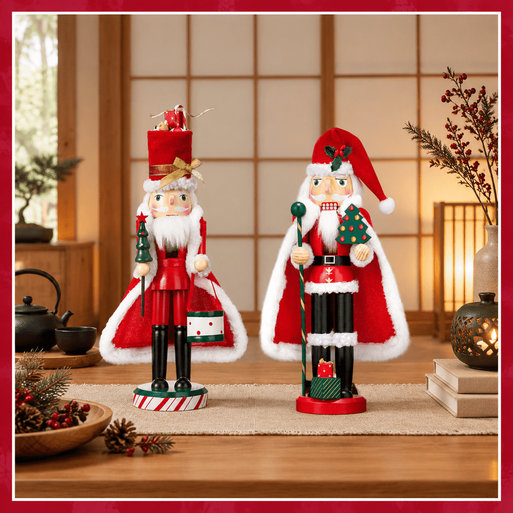 14 Inch Wooden Santa Nutcracker Figures, Set of 2, Red Green White Christmas Decor