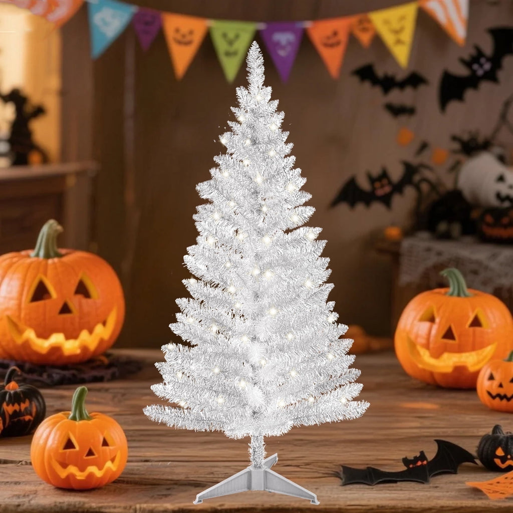 Bringstar 4FT Silver Artificial Christmas Tree with 50 String Lights, Mini Tinsel Tree, Not Pre-Lit, for Halloween & Holiday Home & Office Décor